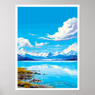 Affiche Illustration de voyage du lac Pukaki Nouvelle-Zéla