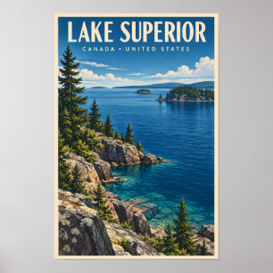 Affiche Illustration de voyage du lac Supérieur Art vintag