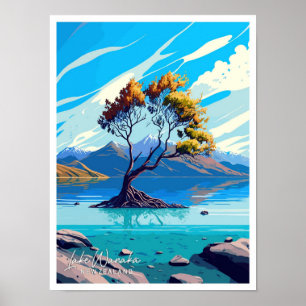 Affiche Illustration de voyage du lac Wanaka en Nouvelle-Z