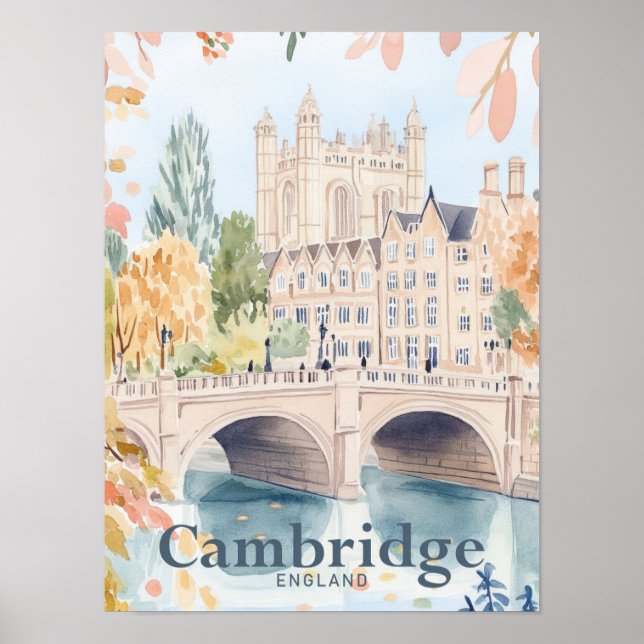 Affiche Illustration de voyage en aquarelle Cambridge Angl (Devant)