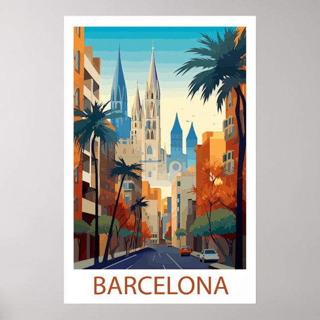 Affiche Illustration de voyage rétro à Barcelone (Devant)