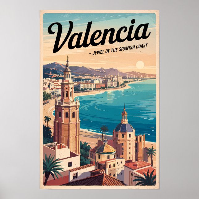 Affiche Illustration de voyage rétro de la côte de Valence (Devant)