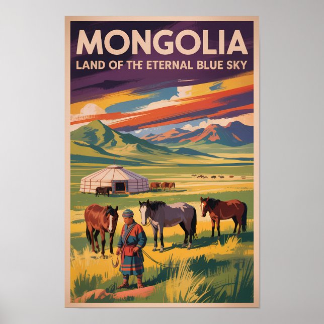 Affiche Illustration de voyage rétro de yourte de chevaux  (Devant)