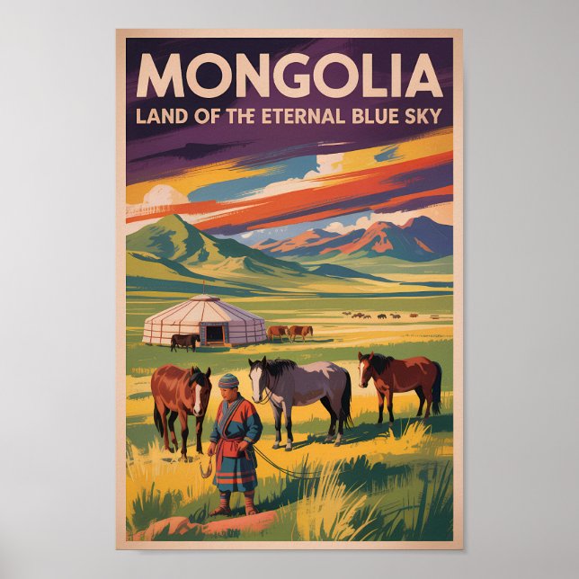 Affiche Illustration de voyage rétro de yourte de chevaux  (Devant)