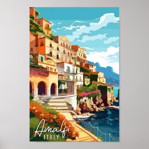 Affiche Illustration de voyage vintage Amalfi Italie