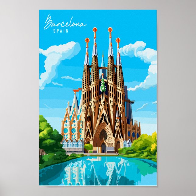 Affiche Illustration de voyage vintage Barcelone Espagne (Devant)