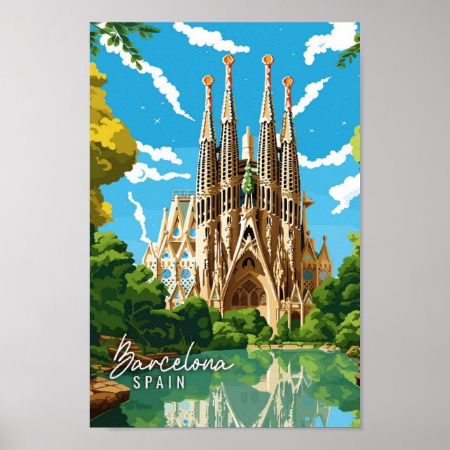 Affiche Illustration de voyage vintage Barcelone Espagne (Devant)