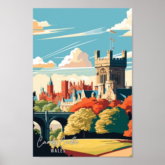 Affiche Illustration de voyage vintage Cardiff Castle Wale (Devant)