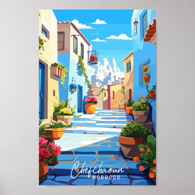 Affiche Illustration de voyage vintage Chefchaoun Maroc (Devant)