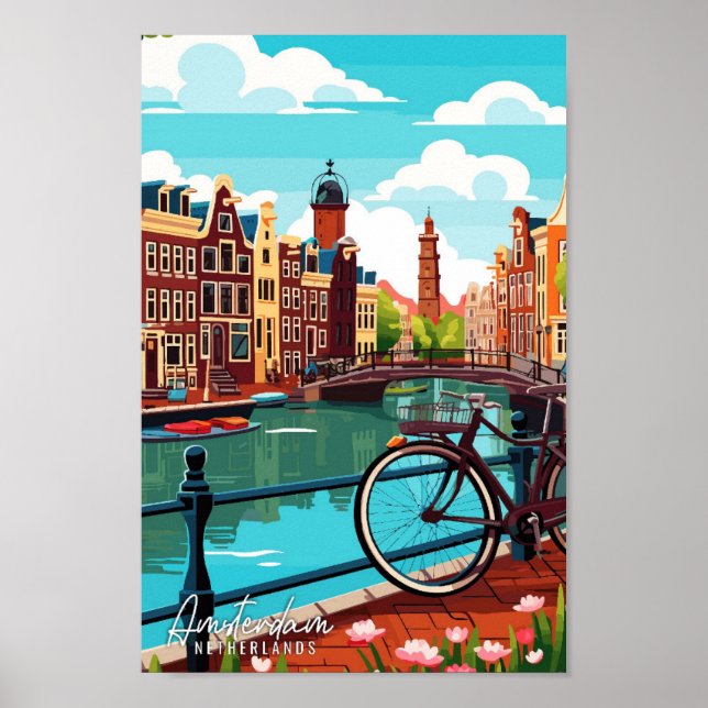 Affiche Illustration de voyage vintage d'Amsterdam Pays-Ba (Devant)