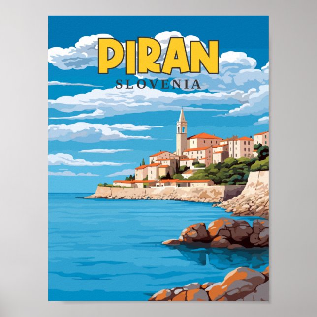 Affiche Illustration de voyage vintage de Piran Slovénie (Devant)