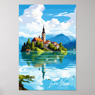 Affiche Illustration de voyage vintage du lac Bled Slovéni