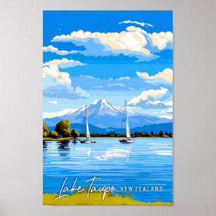 Affiche Illustration de voyage vintage du lac Taupo Nouvel