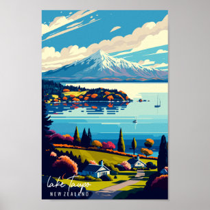 Affiche Illustration de voyage vintage du lac Taupo Nouvel