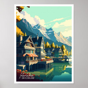 Affiche Illustration de voyage vintage Interlaken Suisse
