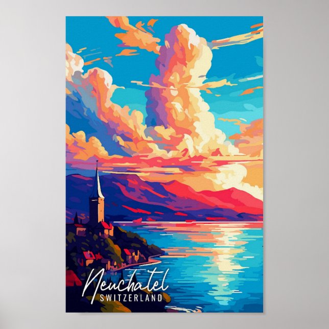 Affiche Illustration de voyage vintage Neuchatel Suisse (Devant)