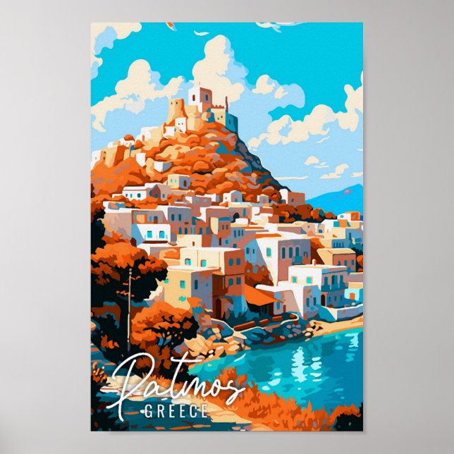 Affiche Illustration de voyage vintage Patmos Greece (Devant)