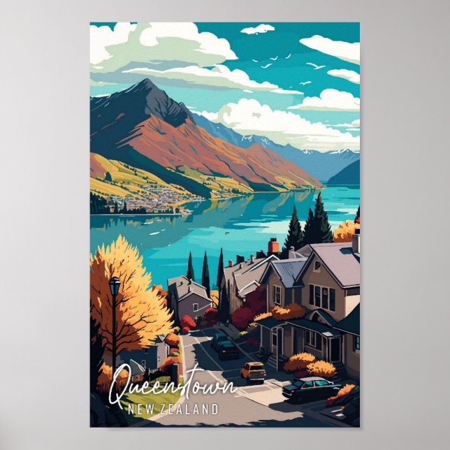 Affiche Illustration de voyage vintage Queenstown en Nouve (Devant)