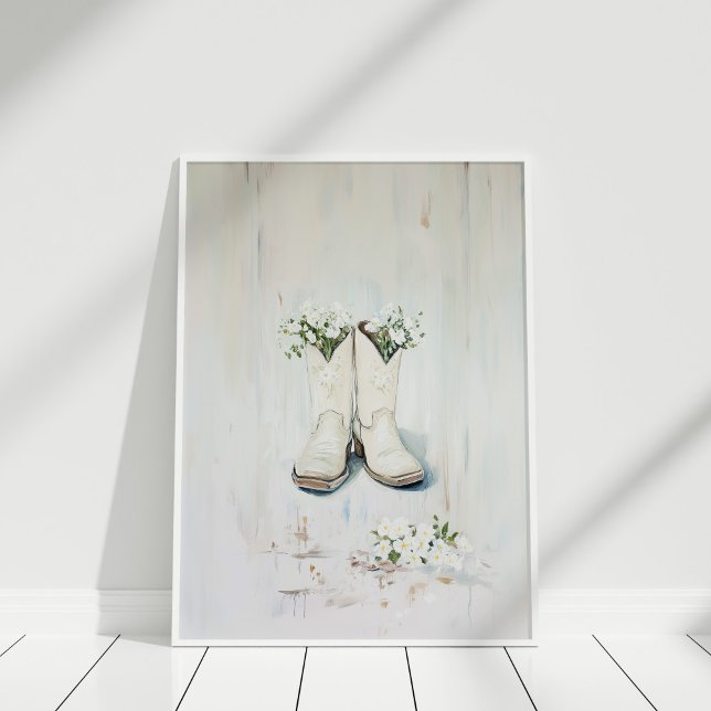 Affiche Illustration des bottes vintages florales blanches (Vintage Floral White Cowgirl Boots Illustration Poster in a white frame on a white wooden floor.)