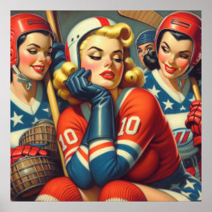 Affiche Illustration des filles de hockey vintage