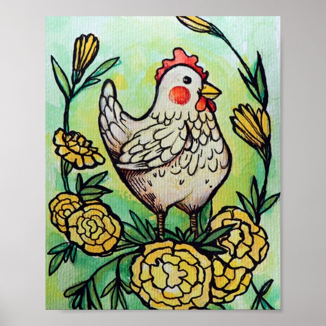 Affiche Illustration des poulets à fleurs et poulets (Devant)