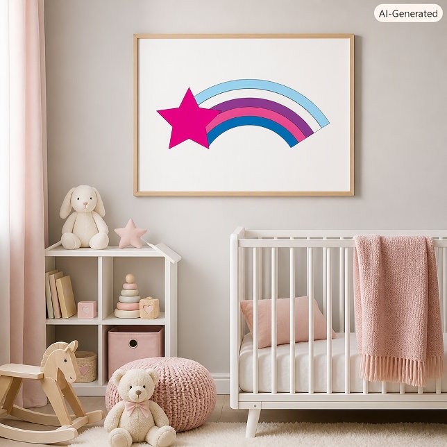 Affiche Illustration d'étoile rose et d'arc-en-ciel mignon (A poster featuring a pink heart with a blue, purple and pink rainbow.)