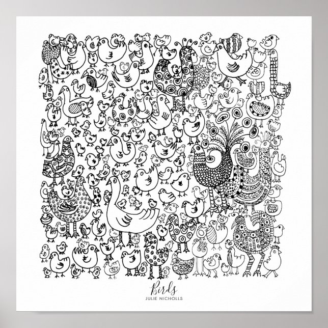 Affiche Illustration d'oiseaux en noir et blanc (Devant)