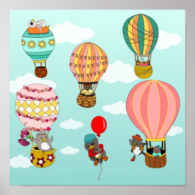 Affiche Illustration d'oiseaux Whimsical dans des ballons  (Devant)