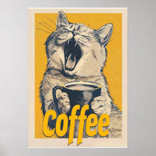 Affiche Illustration drôle de chat au café - Chat bâillant