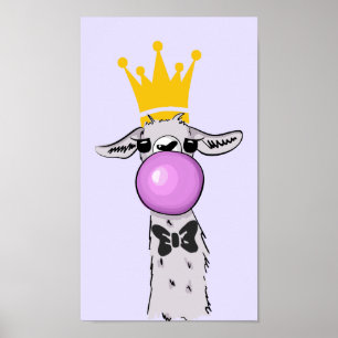 Affiche Illustration drôle de lama soufflant une bulle ros