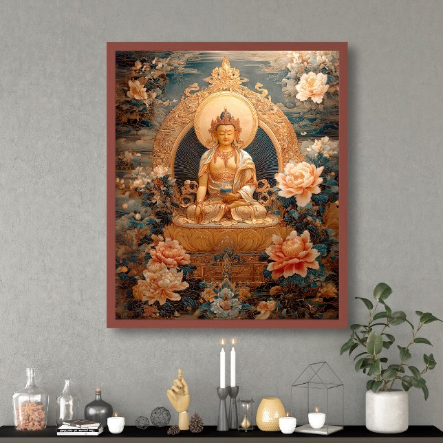 Affiche Illustration du Bouddha Golden Maitreya en fleurs  (Créateur téléchargé)