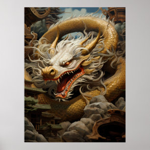 Affiche Illustration du dragon oriental jaune et blanc Imp