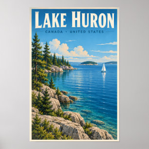 Affiche Illustration du lac Huron Art de voyage vintage