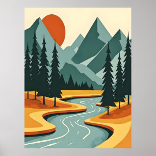 Affiche Illustration du paysage de la montagne Retro Rouge