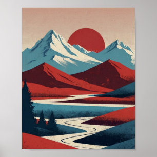 Affiche Illustration du paysage de la montagne Retro Rouge