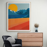 Affiche Illustration du paysage de la montagne Retro Rouge<br><div class="desc">Cette affiche élégante présente une illustration colorée et audacieuse d'un paysage de montagne rétro en rouge,  orange et bleu.</div>