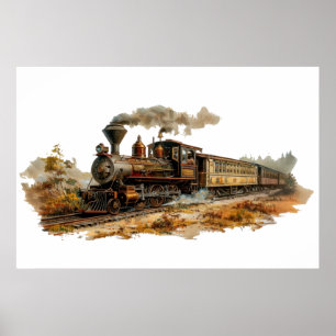 Affiche Illustration du paysage des trains à vapeur vintag