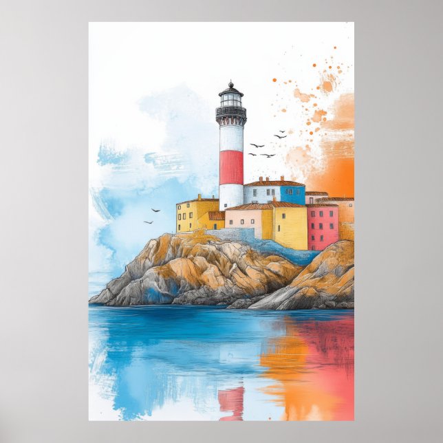 Affiche Illustration du phare de la mer Dessin Pastel (Devant)