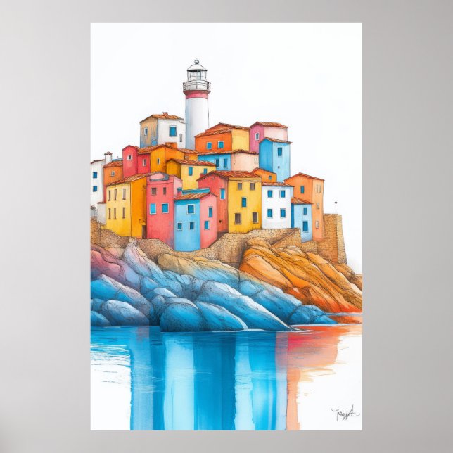 Affiche Illustration du phare de la mer Dessin Pastel (Devant)