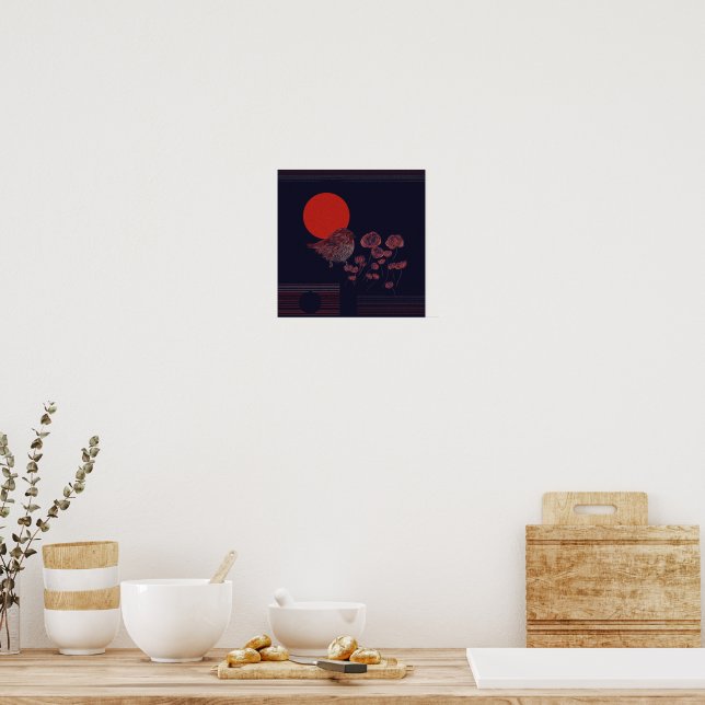 Affiche Illustration du soleil rouge avec un rouge-gorge (Cuisine)