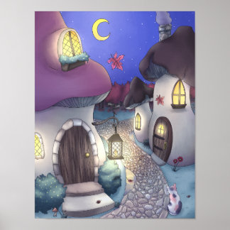 Affiche Illustration du village de champignons nocturnes d