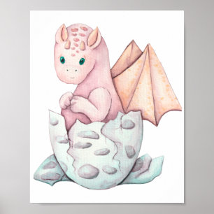 Affiche Illustration d'un bébé dragon rose qui éclot