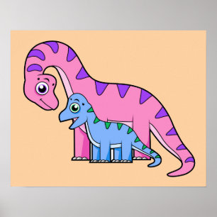 Affiche Illustration D'Un Brachiosaurus Mère Et Enfant.