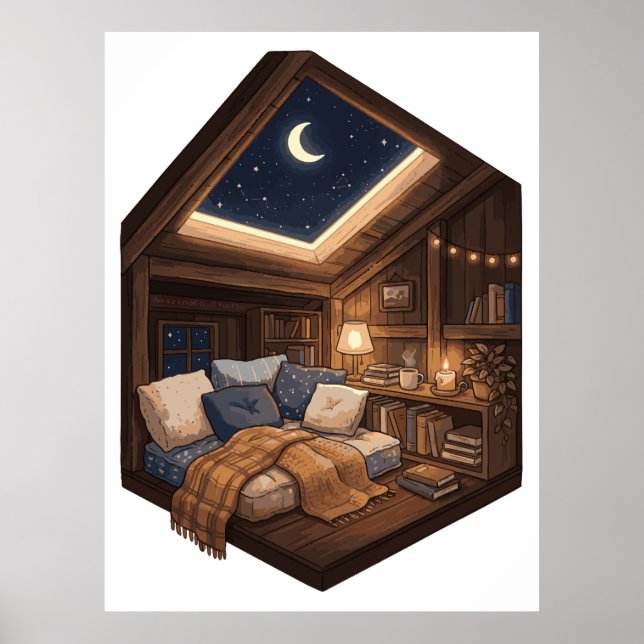 Affiche Illustration d'un coin lecture cosy dans un chalet (Devant)