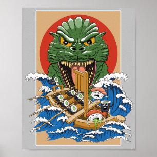 Affiche Illustration d'un monstre de sushi amusant