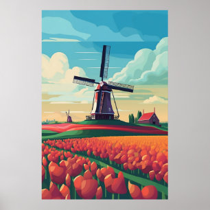 Affiche Illustration d'un moulin à vent et de champs de tu