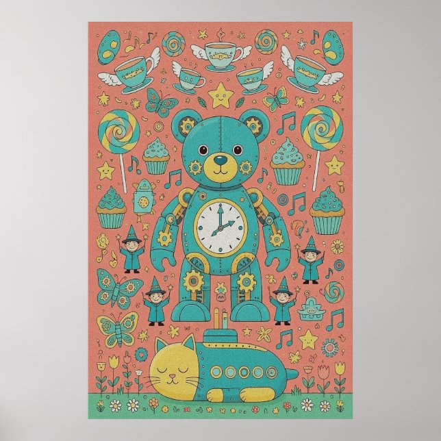 Affiche Illustration d'un ours en peluche occupé mignon (Devant)