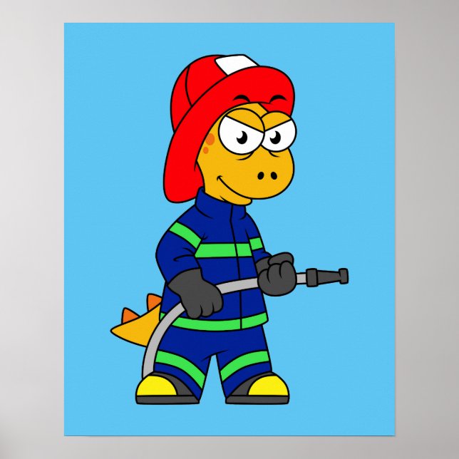 Affiche Illustration D'Un Pompier Tyrannosaurus Rex. (Devant)