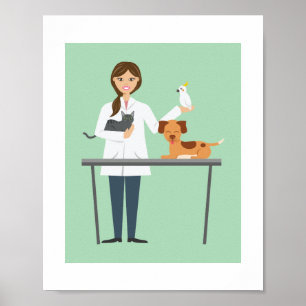 Affiche Illustration d'une femme vétérinaire avec animaux