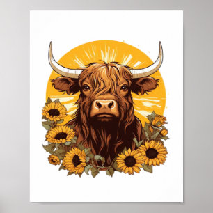 Affiche Illustration d'une vache des Highlands avec Sunflo